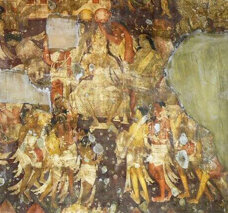 Representation of the Coronation of Simhala which recalls the history of King Vijaya - Ajantâ Caves (detail). © Osmund Bopearachchi.
