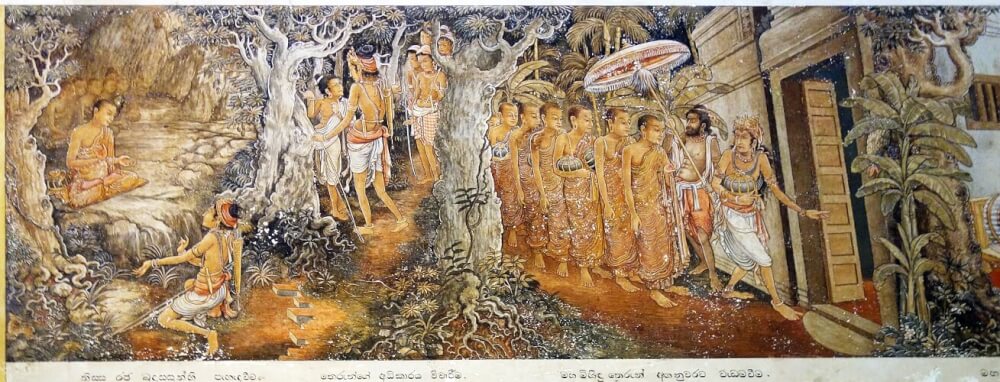 Painting representing the Thera Mahinda and the king Devanampiyatissa. Kelaniya Rajamaha vihara. © Osmund Bopearachchi.