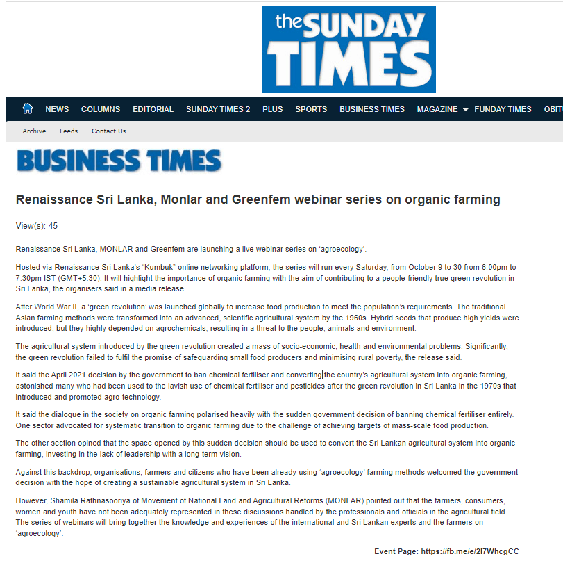The Sunday Times - Building an organic farming model for Sri Lanka